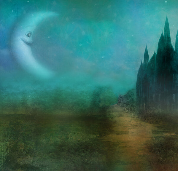 Abstract landscape with old castle and smiling moon