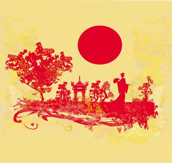 Grunge abstrait paysage avec asiatique fille — Image vectorielle
