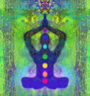 Yoga nilüfer pozu. Renkli çakra noktalı Padmasana. 