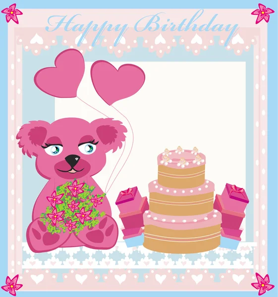Tarjeta de cumpleaños, dulce oso de peluche celebración de globos de corazón — Vector de stock