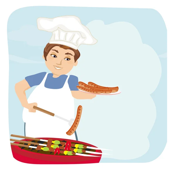 Man baked sausage on grill. — Stock Vector