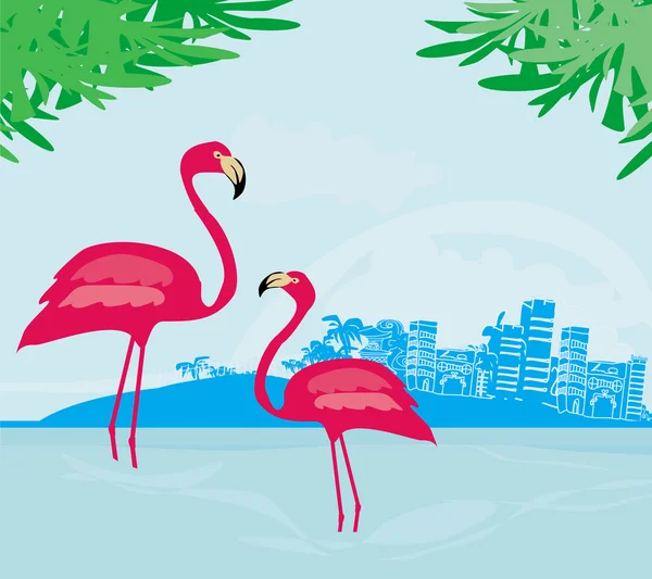 Illustration with green palms and pink flamingo — Stock Vector