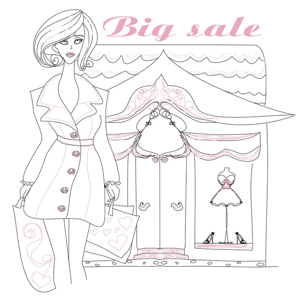 Elegante chica de compras, doodle ilustración — Archivo Imágenes Vectoriales