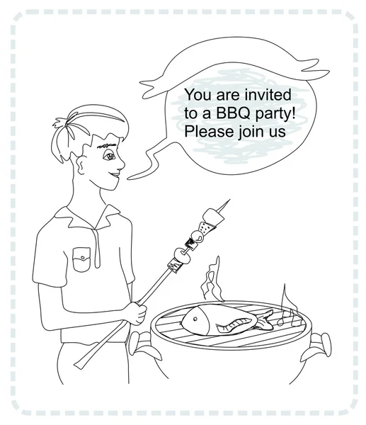 Man cooking on his barbecue - funny doodle invitation — Stock Vector