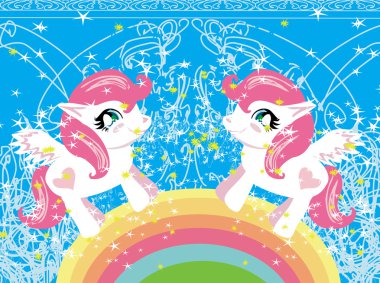 Şirin tek boynuzlu atlar ve gökkuşağı olan kart. 