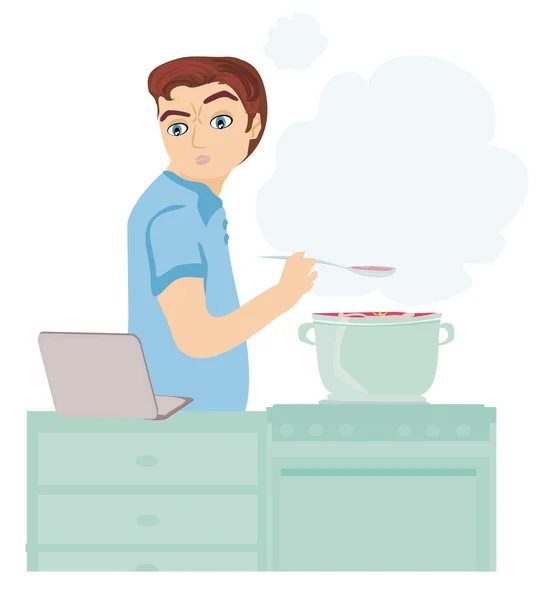 Man op zoek in laptop tijdens het koken soep thuis keuken — Stockvector