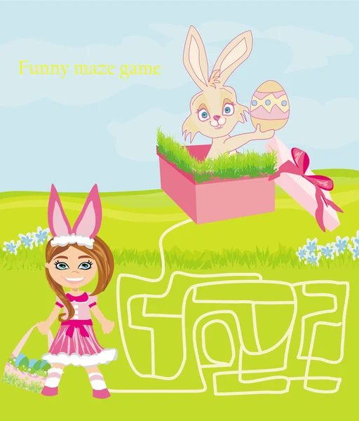 Bludiště hra - sladká dívka a velikonoční zajíček — Stockový vektor