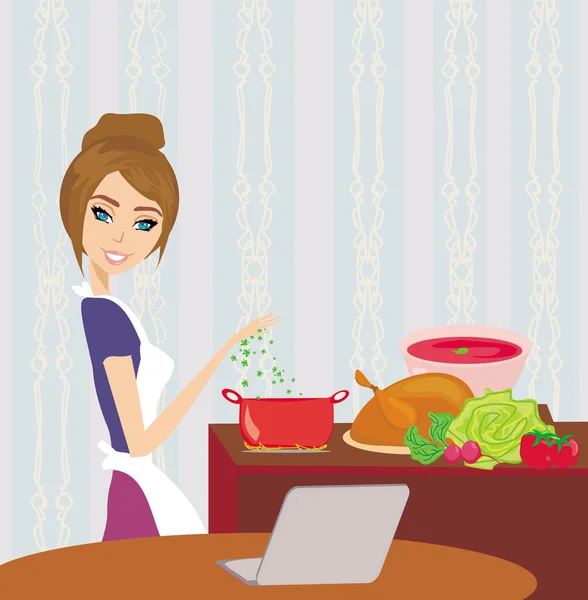 Νοικοκυρά ψάχνει στο φορητό υπολογιστή κατά τη διάρκεια μαγείρεμα σούπα στο σπίτι κουζίνα — Διανυσματικό Αρχείο