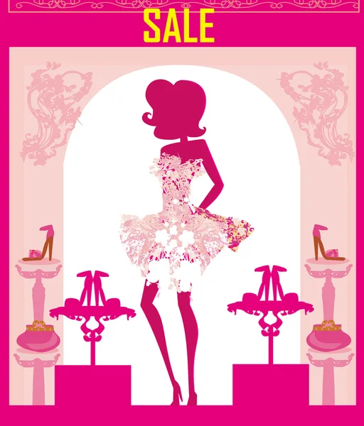 Fashion girl shopping dans la boutique de chaussures, carte de vente abstraite — Image vectorielle