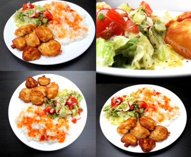 pilav ve salata, set 4 fotoğraf ile bir tabakta tavuk 