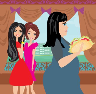 two women gossip about their fat friend  clipart