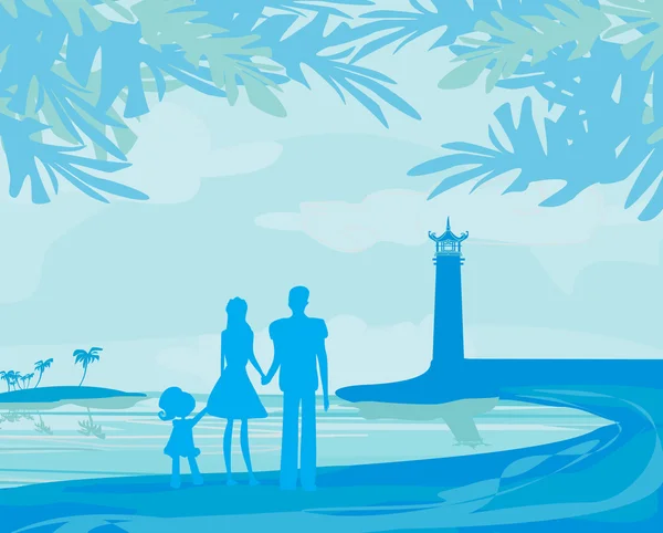 Familia en vacaciones tropicales — Vector de stock