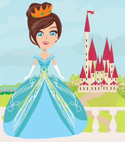 Иллюстрация милой маленькой принцессы и красивого замка — стоковый вектор