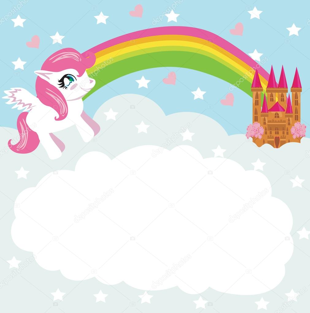 Card with a cute unicorn rainbow and fairy-tale princess castle Stock  Vector by ©JackyBrown 66803215, image size:1011x1023