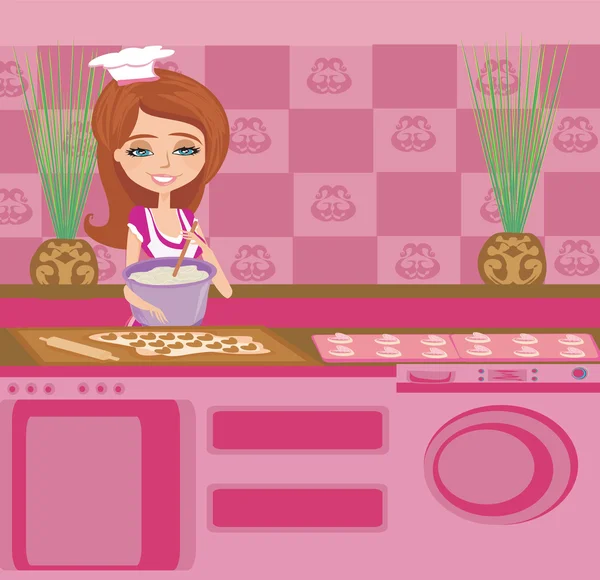 Mooie huisvrouw voorbereiding van het deeg in muffins — Stockvector