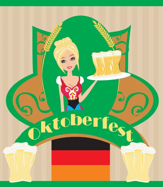 Pretty waitress with beer, Oktoberfest card — Stock Vector
