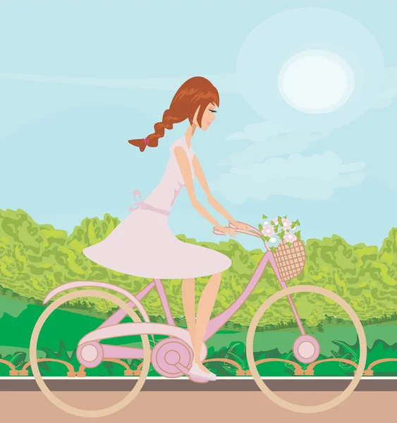 Chica está montando bicicleta en el campo de primavera — Archivo Imágenes Vectoriales