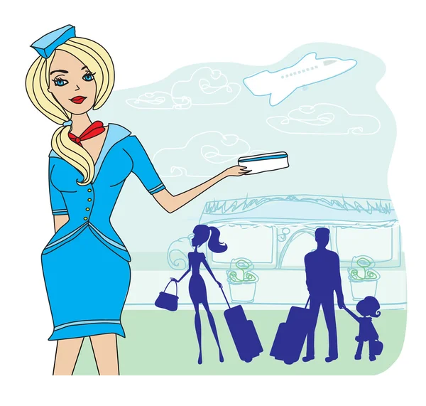 Beautiful stewardess with ticket — Stock Vector