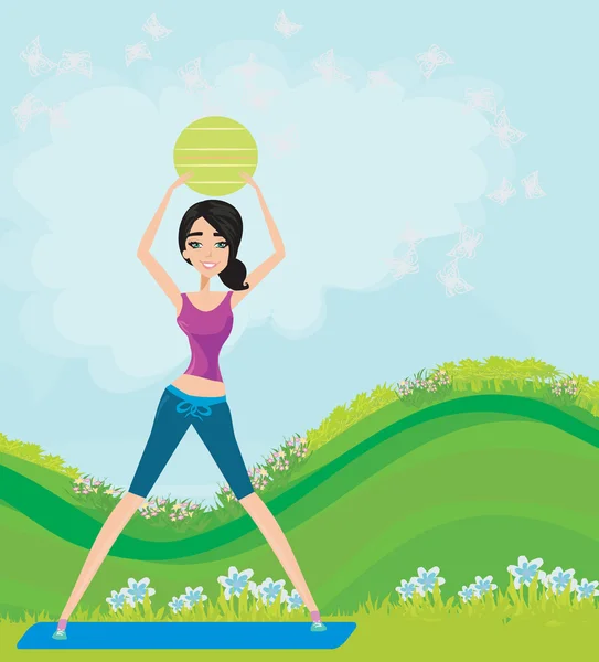 Young smiling woman makes exercise with fitball — Stock Vector