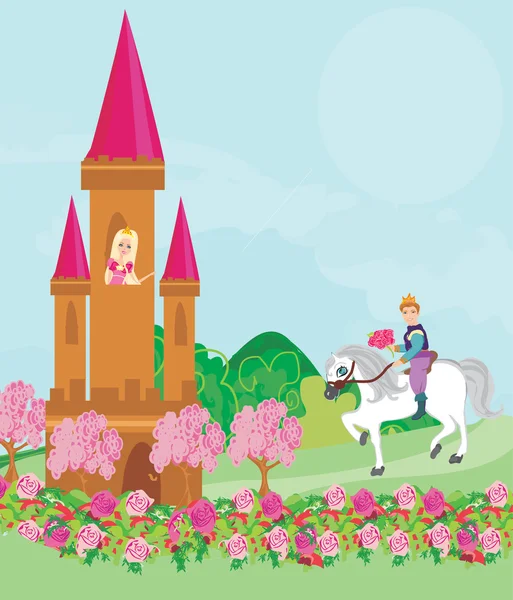 Prince riding a horse to the princess — Stock Vector