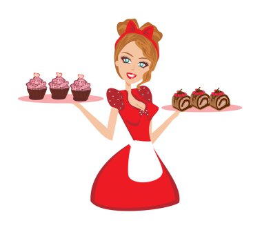 Pin Up ev kadını çikolata cupcakes hizmet