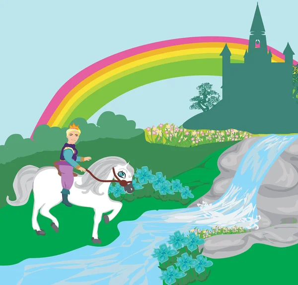 Prince riding a horse to the castle — Stock Vector