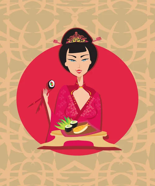 Tarjeta abstracta con sushi y geisha — Archivo Imágenes Vectoriales