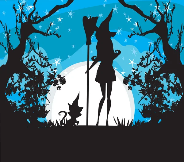 Ведьма с метлой и кошкой — стоковый вектор