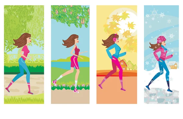 Jogging femme, quatre saisons — Image vectorielle