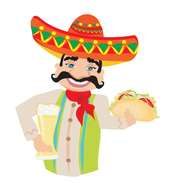 Elinde soğuk bira ve taco tutan Meksikalı bir adam. — Stok Vektör