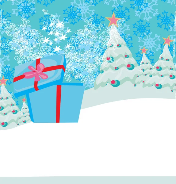 Abstrakte Weihnachtskarte mit Überraschungsgeschenk und Winterlandschaft — Stockvektor