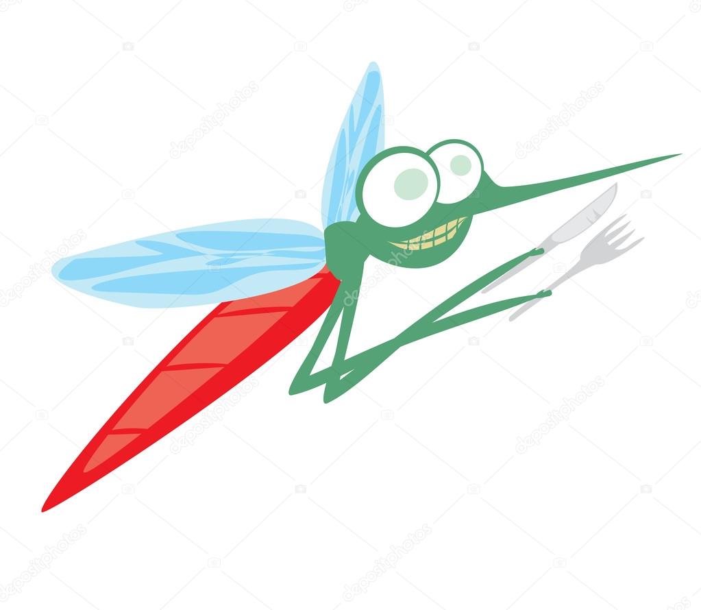 funny cartoon mosquito with fork and knife
