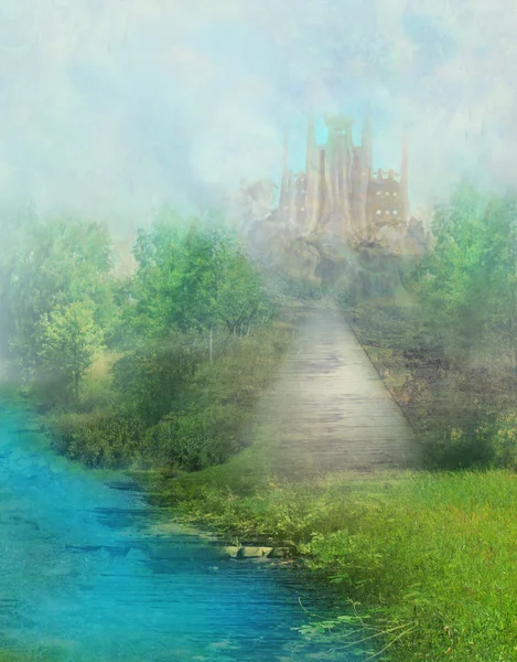 Fantasy łąka z wieżą bajki — Zdjęcie stockowe