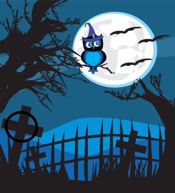 Ay arka planında Cadılar Bayramı çizimi baykuşu.