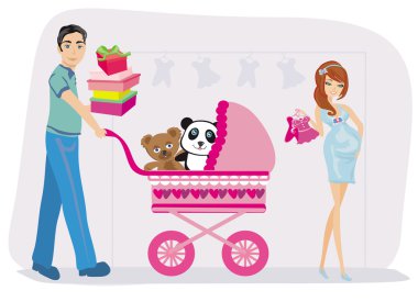 Beautiful pregnant woman and her husband on shopping vector Beautiful pregnant woman and her husband on shopping vector