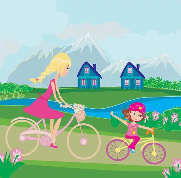 Mother and daughter biking — Stock Vector