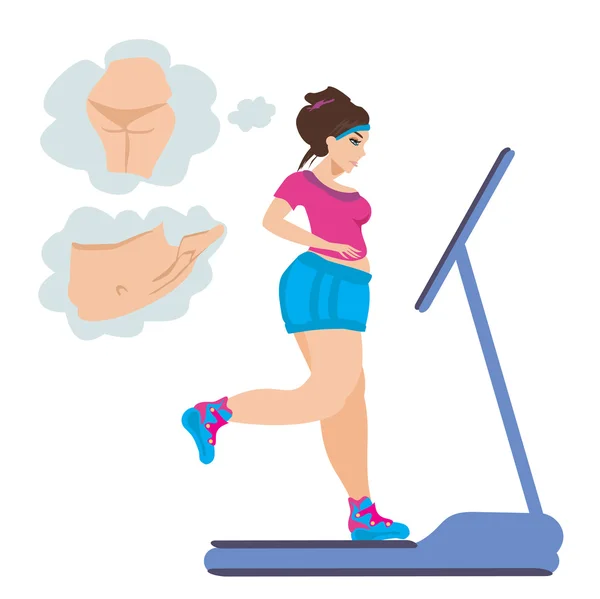 Obese girl runs on a treadmill — Stock Vector