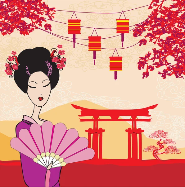 Attractive asian woman holding traditional fan — Stock Vector