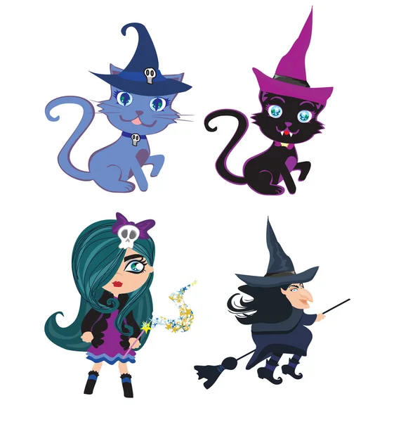 Witches and cats - set — Stock Vector