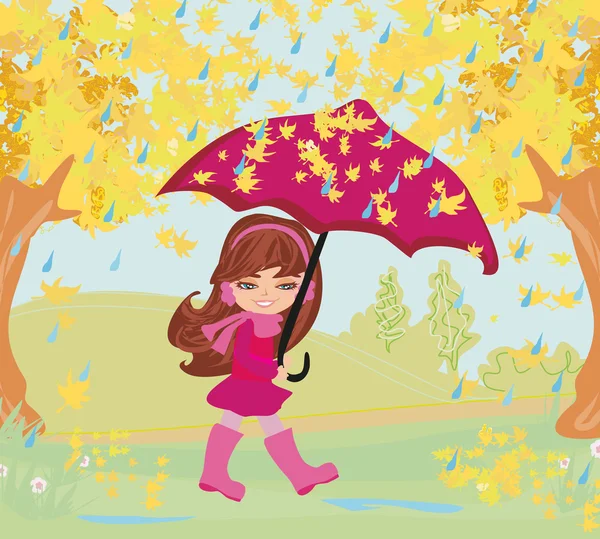 Chica caminando en la lluvia — Vector de stock