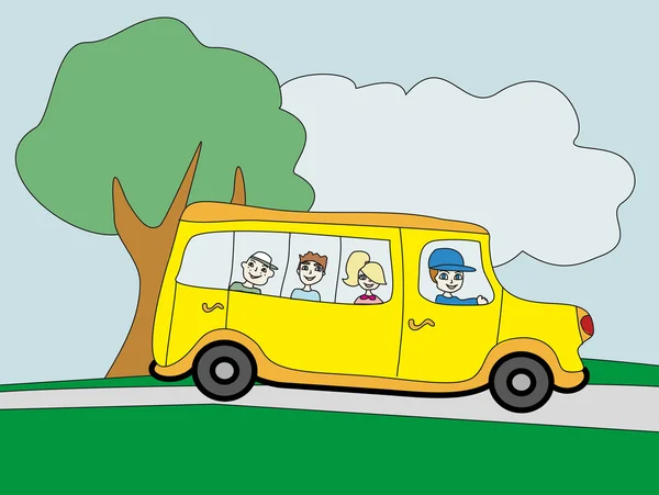 Illustration d'un autobus scolaire se dirigeant vers l'école avec un enfant heureux — Image vectorielle