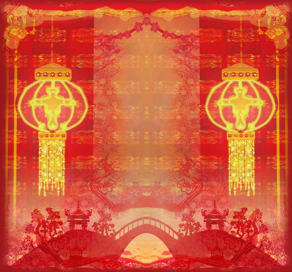Cartão de ano novo chinês - Lanternas tradicionais e edifícios asiáticos — Fotografia de Stock
