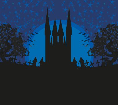 Eski şato ve ayı olan soyut bir manzara.