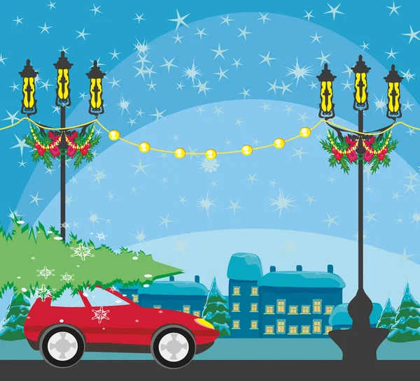 Coche con un árbol de Navidad en el techo — Vector de stock