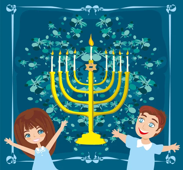 Bambini che celebrano Hanukkah, scheda astratta — Vettoriale Stock