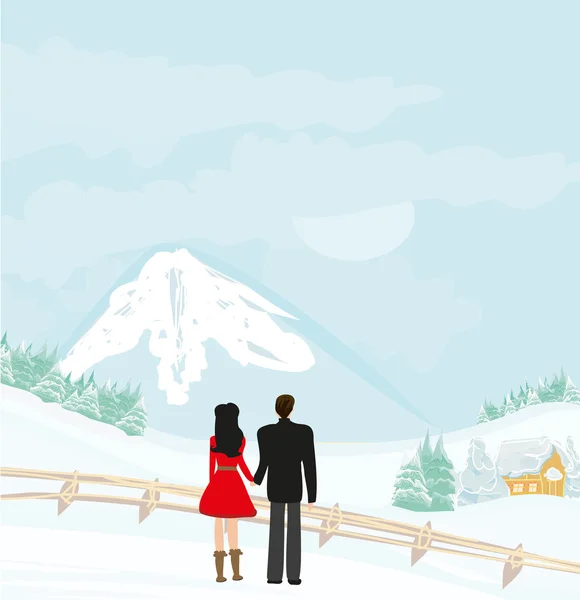 Pareja caminar en un día de invierno — Vector de stock