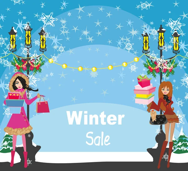 Beautiful girls on winter shopping - card — Stock Vector