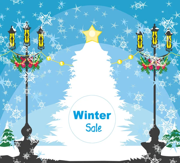 Tarjeta de venta de invierno - árbol de Navidad blanco en un día nevado — Vector de stock