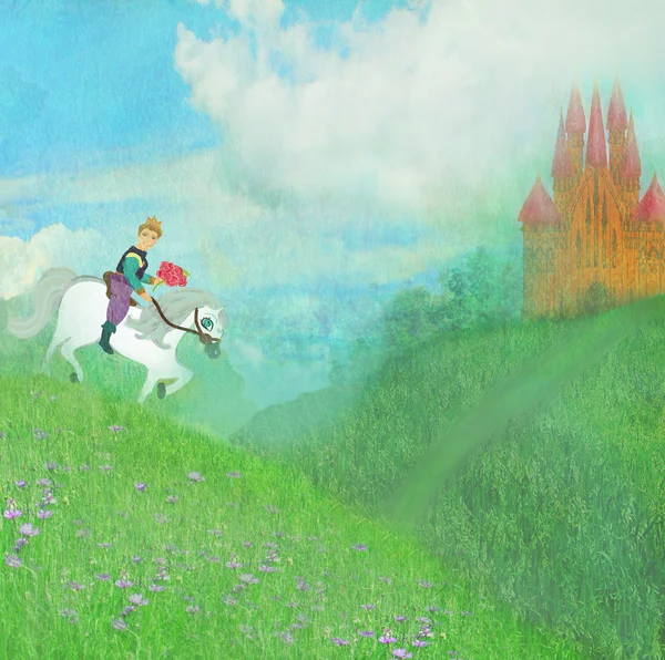 Príncipe montando um cavalo para o castelo — Fotografia de Stock