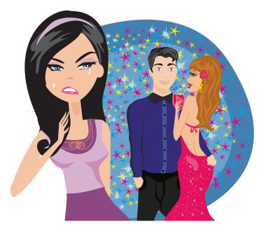 young woman jealous on a happy couple clipart